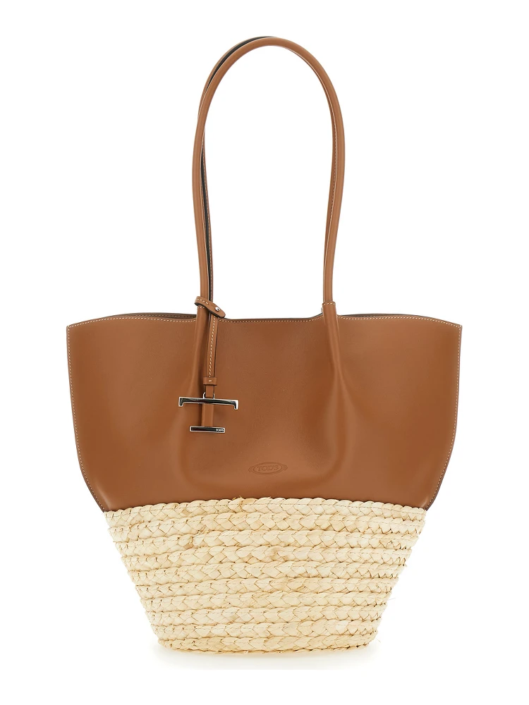 Bux Brown Shopper with Logo Imprinted on the Front and Metal Logo Charm in Leather and Straw Woman