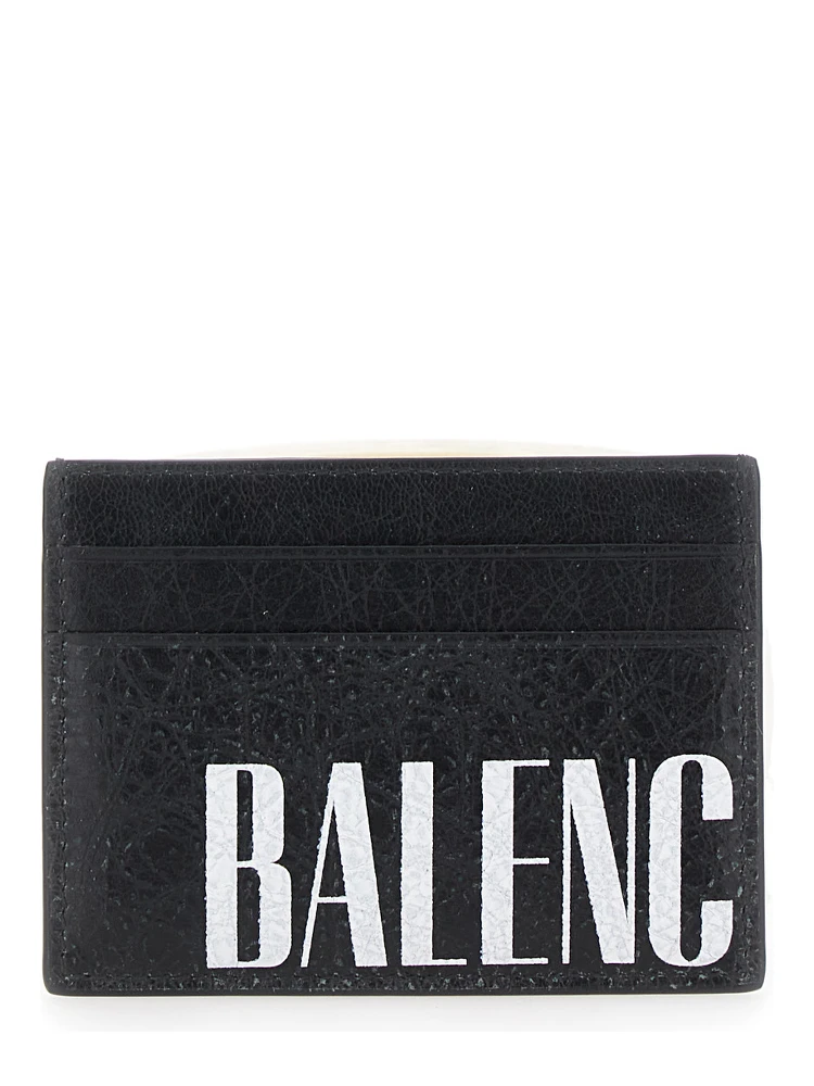 Editor Black Card Holder with Four Card Slots and Maxi Logo Lettering Print in Leather Man