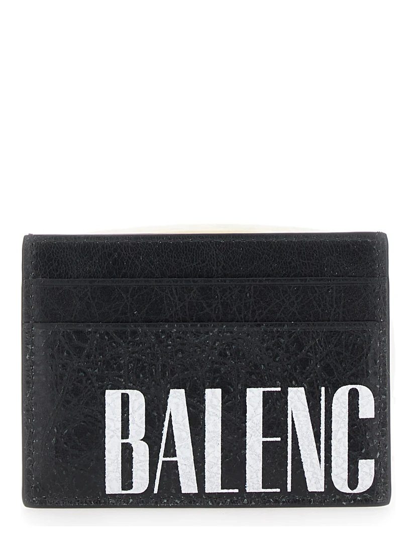 Editor Black Card Holder with Four Card Slots and Maxi Logo Lettering Print in Leather Man