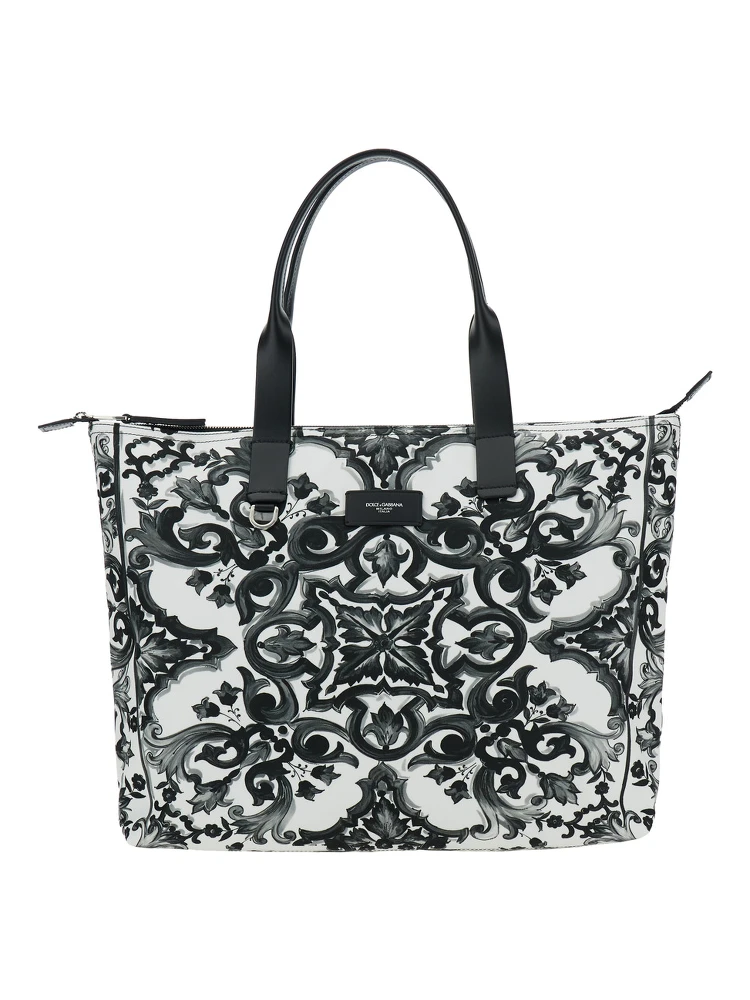 Black Tote Bag with Top Zip Closure and All-Over Print in Tech Fabric Man