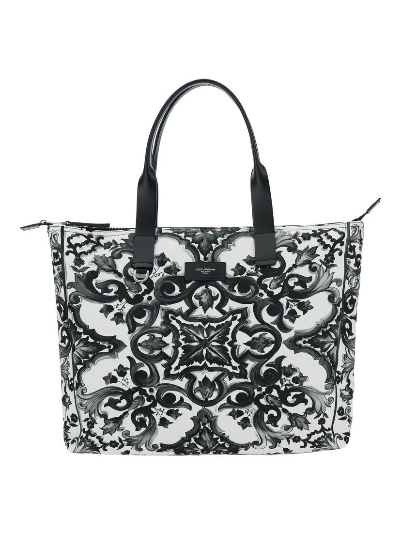 Black Tote Bag with Top Zip Closure and All-Over Print in Tech Fabric Man