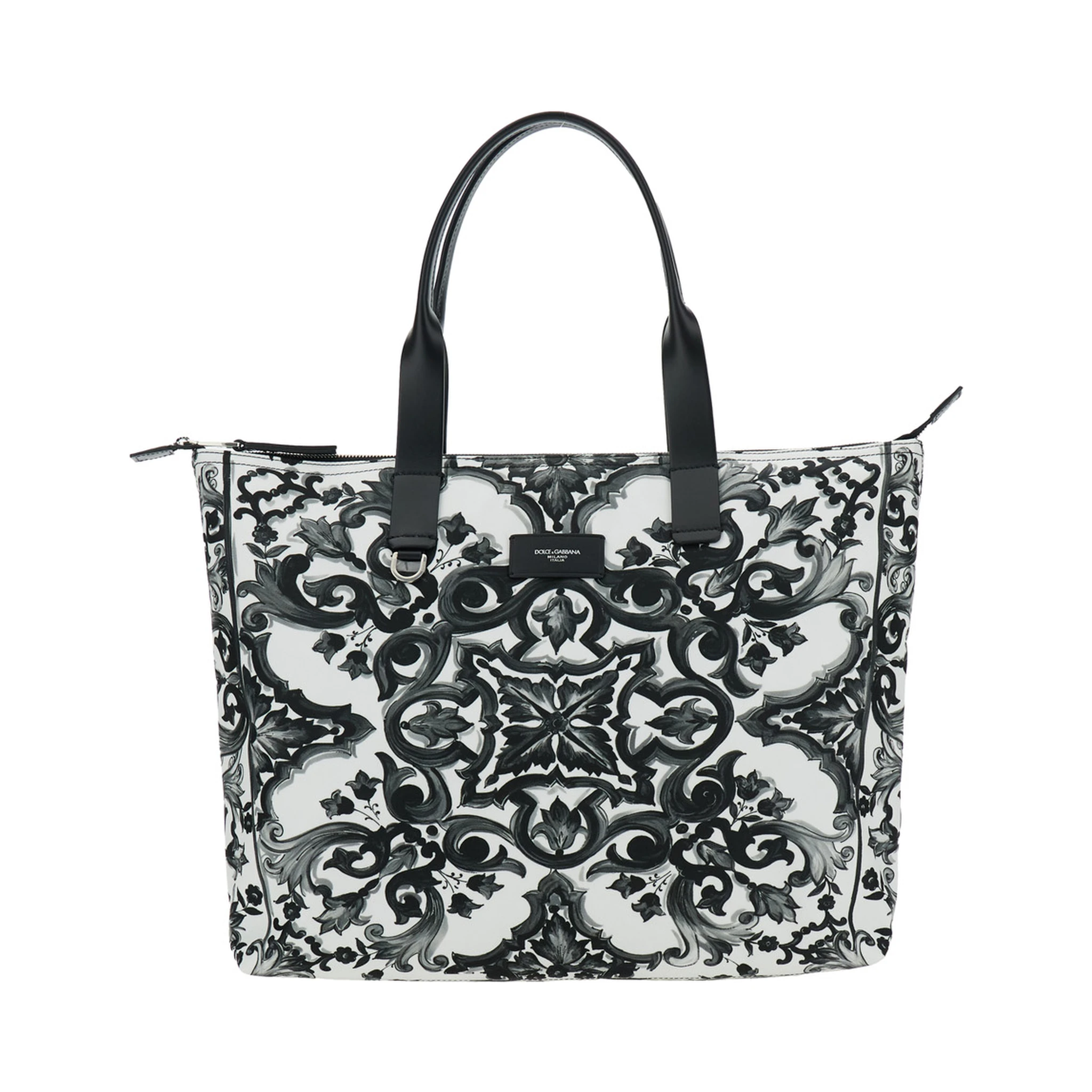Black Tote Bag with Top Zip Closure and All-Over Print in Tech Fabric Man