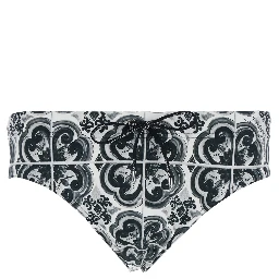 Black and White Swimsuit with All-Over Majolica Print in Techl Fabric Man
