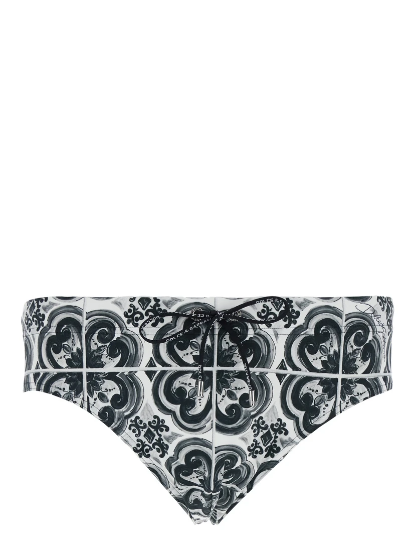 Black and White Swimsuit with All-Over Majolica Print in Techl Fabric Man