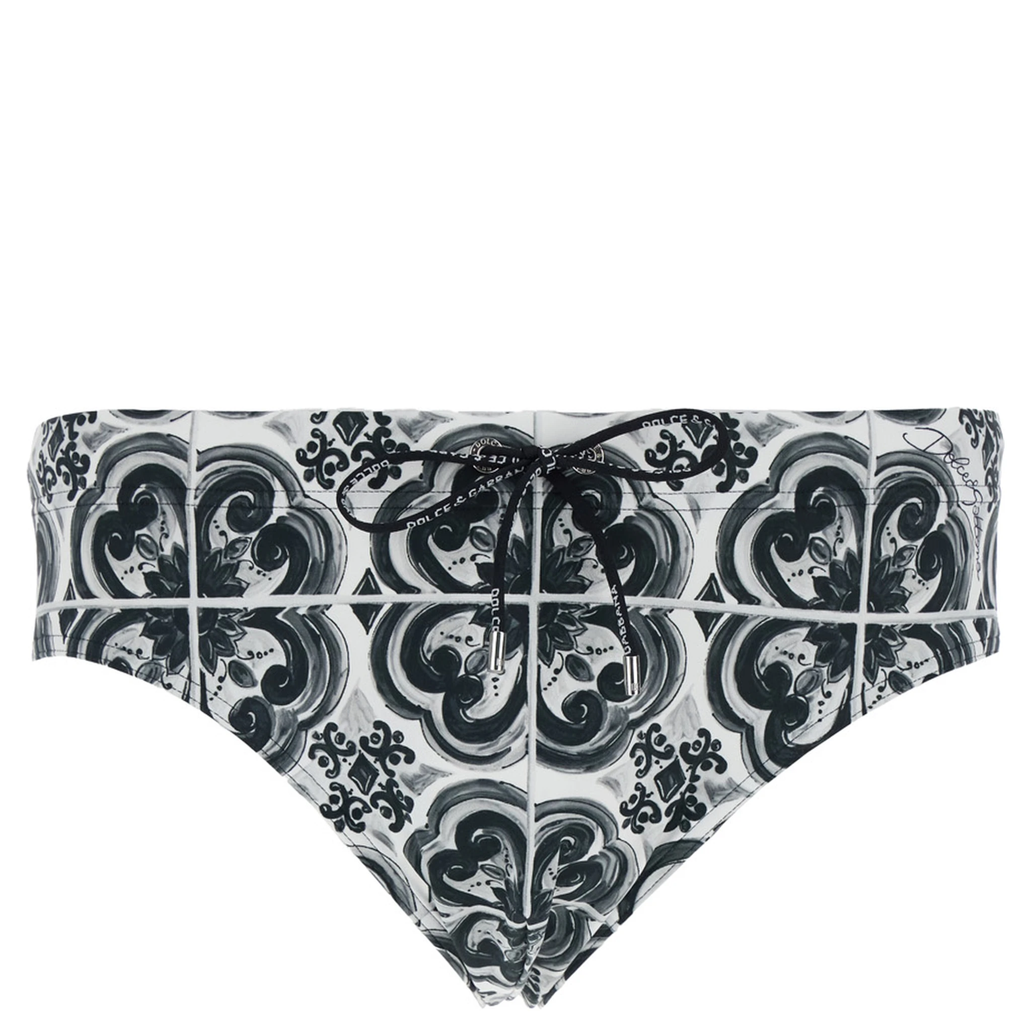 Black and White Swimsuit with All-Over Majolica Print in Techl Fabric Man