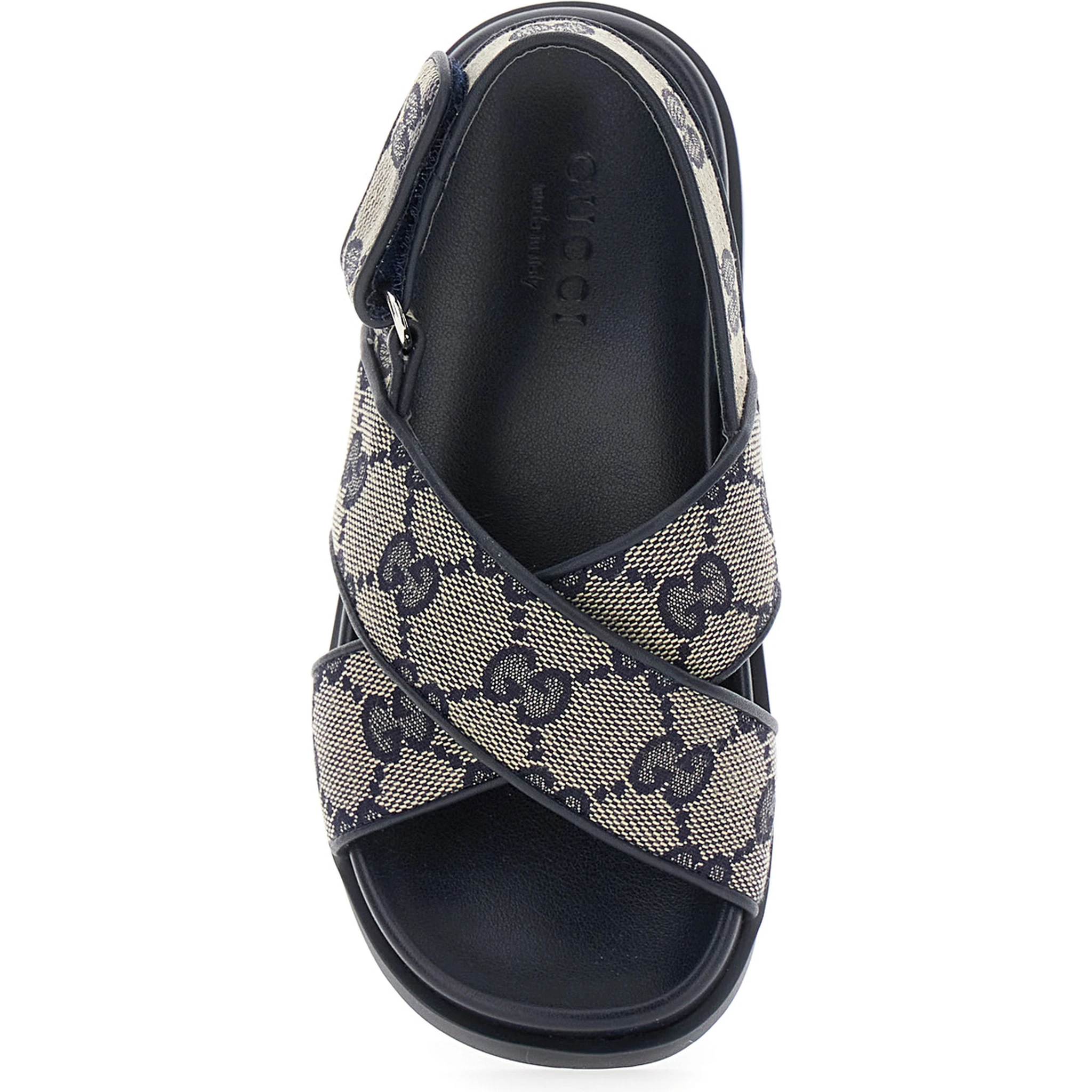 Blue Sandals with All-Over GG Motif and Logo on the Insole in Fabric Blend Girl