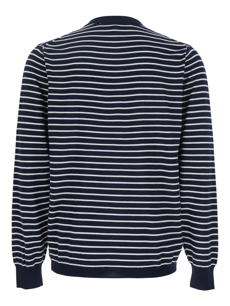 Blue Crewneck T-Shirt with All-Over Striped Motif in Cotton Man alternative