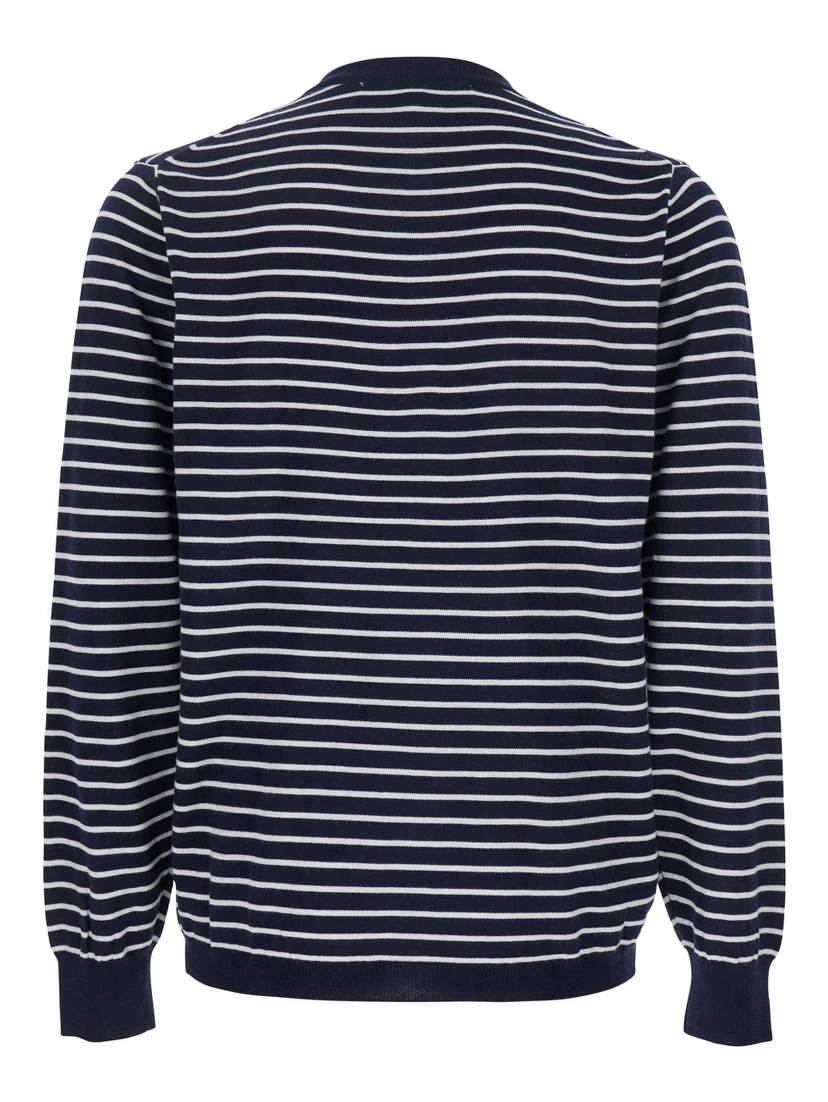Blue Crewneck T-Shirt with All-Over Striped Motif in Cotton Man