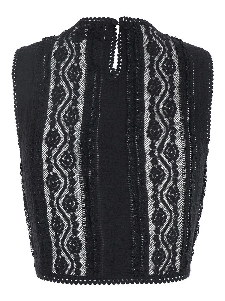 Asteria Black Top with Embroidery Details and Semi-Transparent Design in Cotton and Tech Fabric Blend Woman alternative