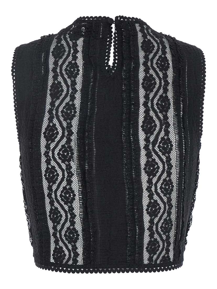 Asteria Black Top with Embroidery Details and Semi-Transparent Design in Cotton and Tech Fabric Blend Woman