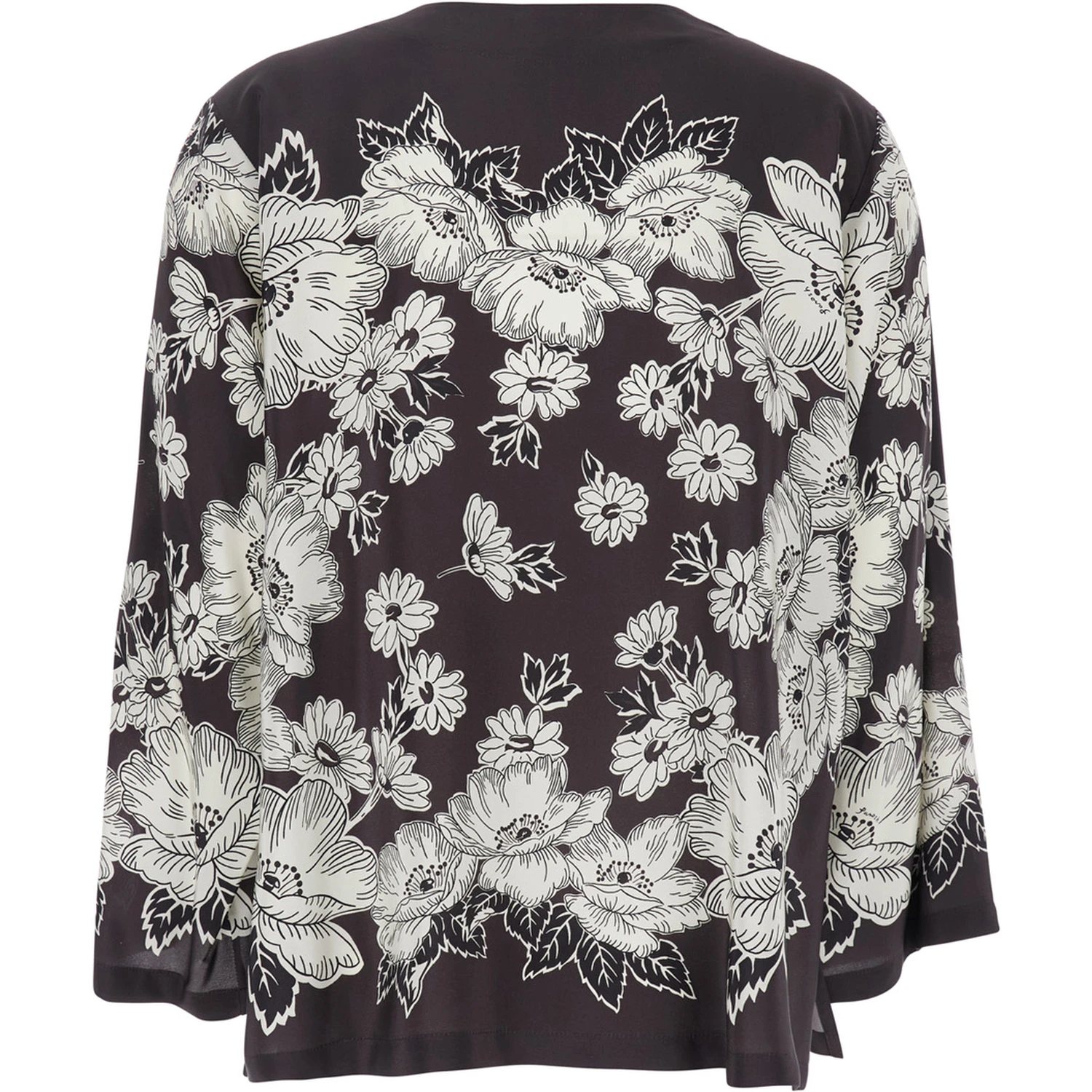 White and Black Blouse with V-neck and All-Over Floral Pattern in Silk Woman
