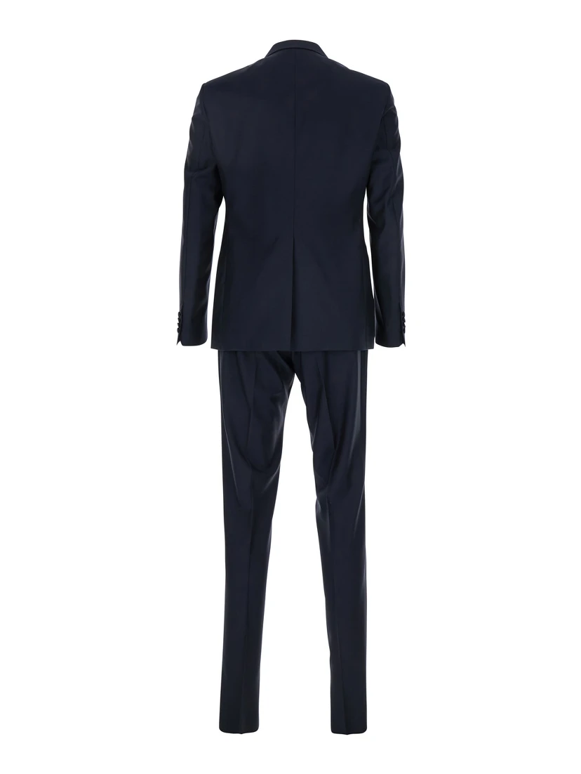 Blue Double-Breasted Tuxedo Suit with Covered Buttons in Virgin Wool Man