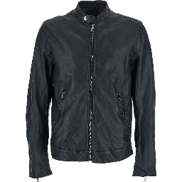Black Crewneck Jacket with Two Front Welt Pockets with Zip in Leather Man