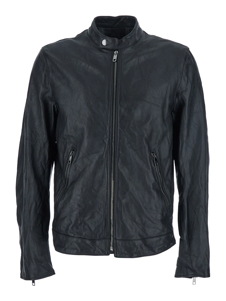 Black Crewneck Jacket with Two Front Welt Pockets with Zip in Leather Man