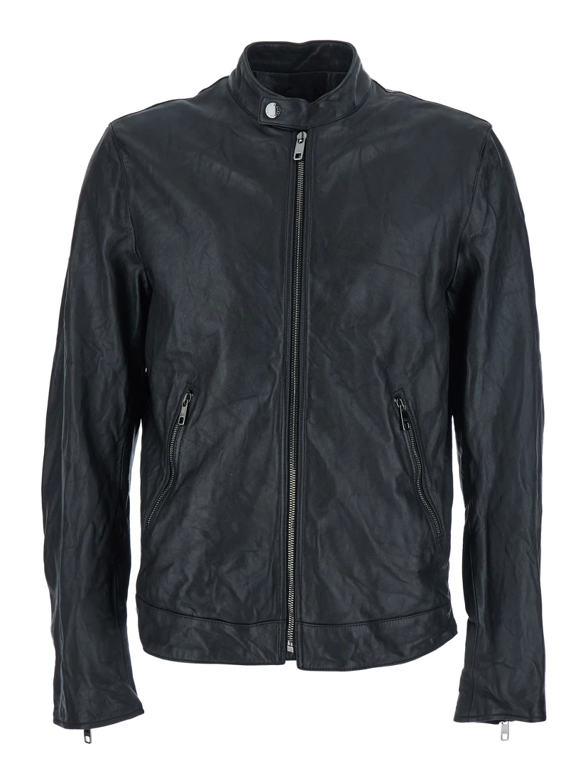 Black Crewneck Jacket with Two Front Welt Pockets with Zip in Leather Man