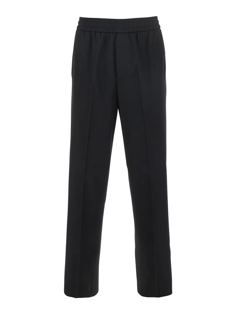 Lennon Black Pants with Elastic Waist and Logo on the Back in Virgin Wool Man