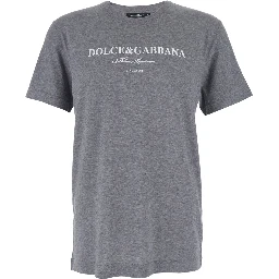 Grey Crewneck T-Shirt with Logo Lettering Print on the Front in Cotton Man