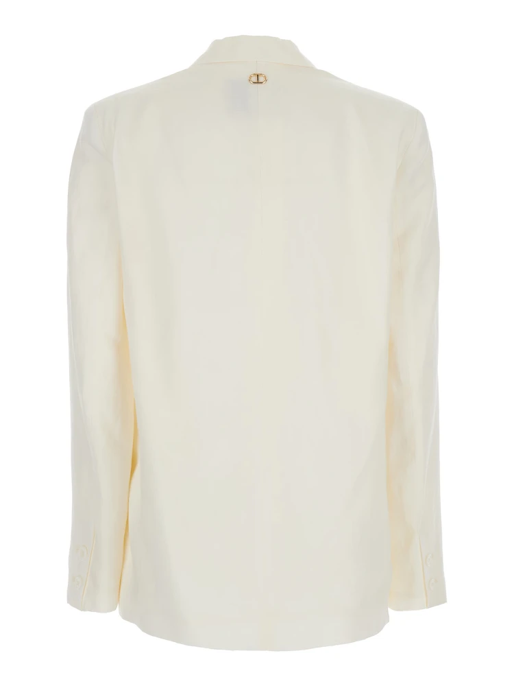 White Single-Breasted Jacket with Notched Revers and Dropped Shoulders in Linen Blend Woman alternative