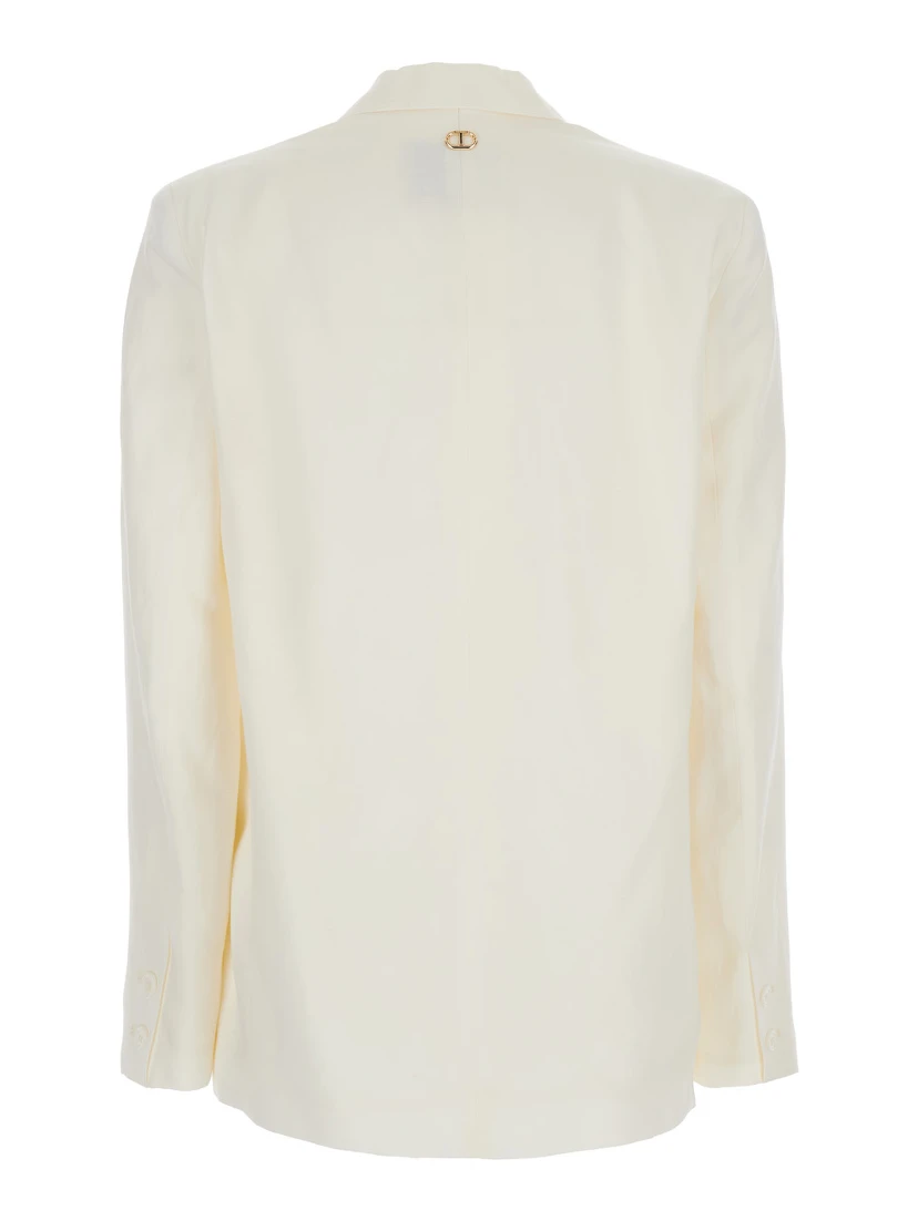 White Single-Breasted Jacket with Notched Revers and Dropped Shoulders in Linen Blend Woman