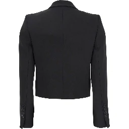 Black Double-Breasted Cropped Jacket with Peak Lapels in Satin Woman