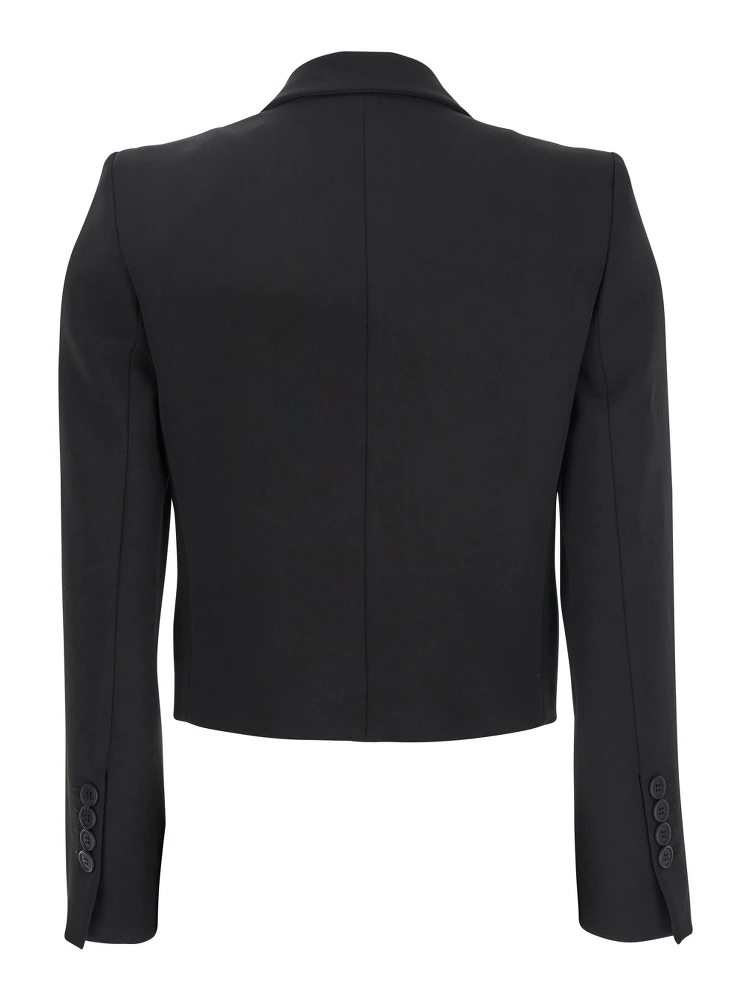 Black Double-Breasted Cropped Jacket with Peak Lapels in Satin Woman alternative