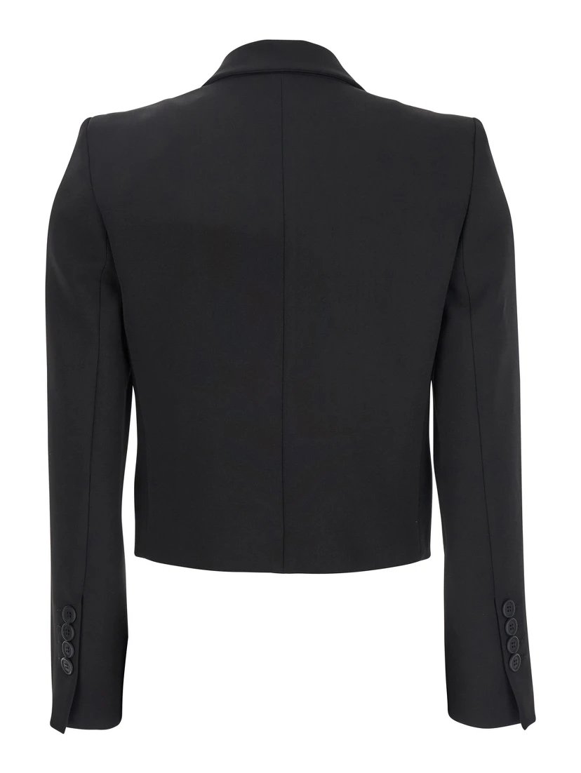 Black Double-Breasted Cropped Jacket with Peak Lapels in Satin Woman