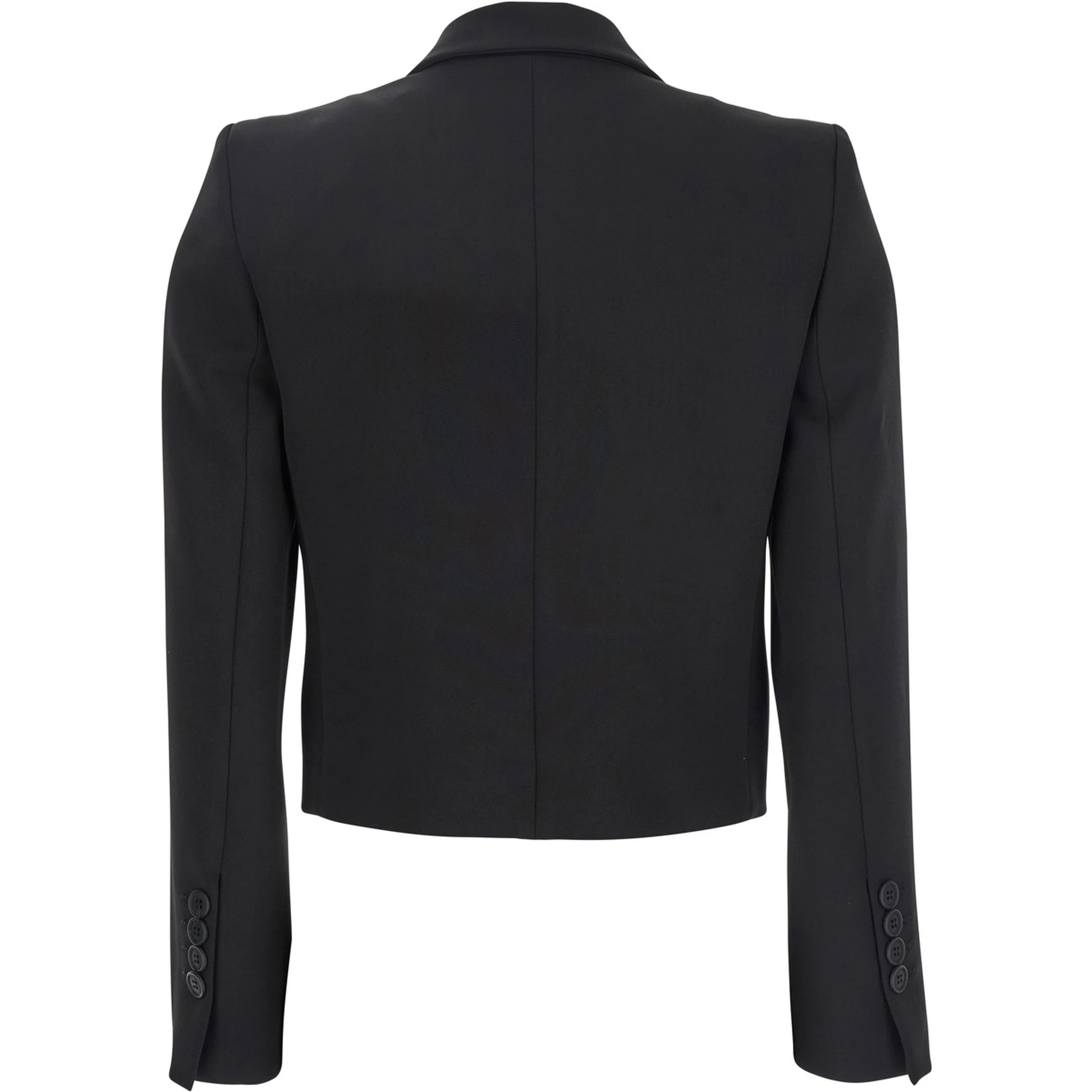 Black Double-Breasted Cropped Jacket with Peak Lapels in Satin Woman