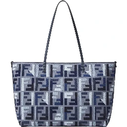 Roll Large Blue Shopper with All-Over FF Motif and Double Top Handles in Cotton Blend Woman
