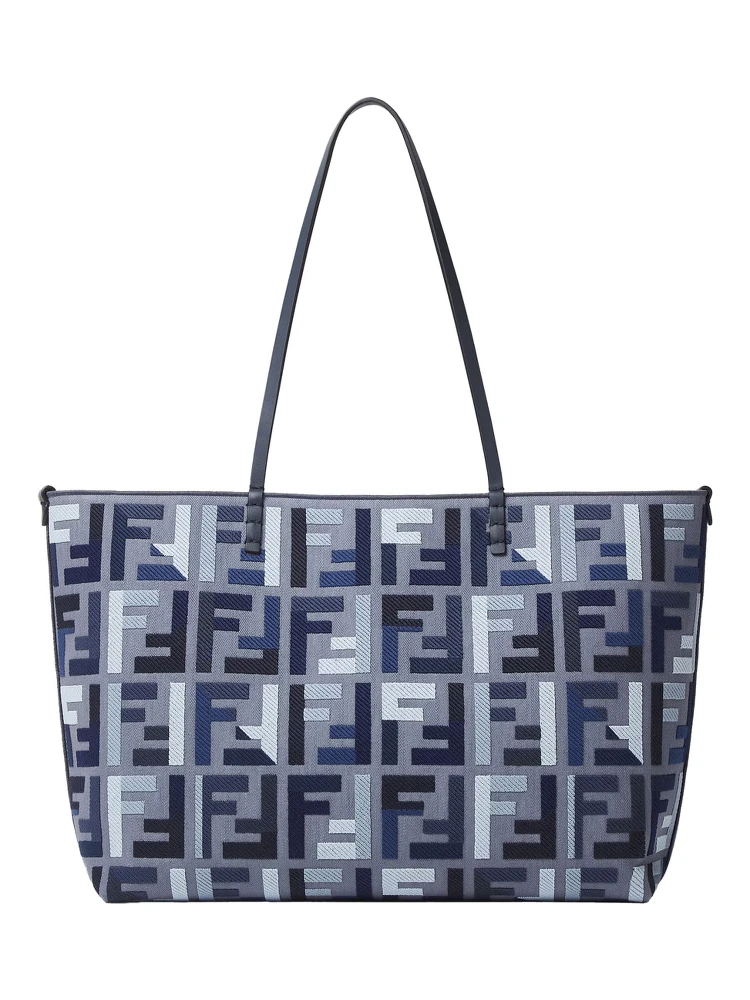 Roll Large Blue Shopper with All-Over FF Motif and Double Top Handles in Cotton Blend Woman alternative