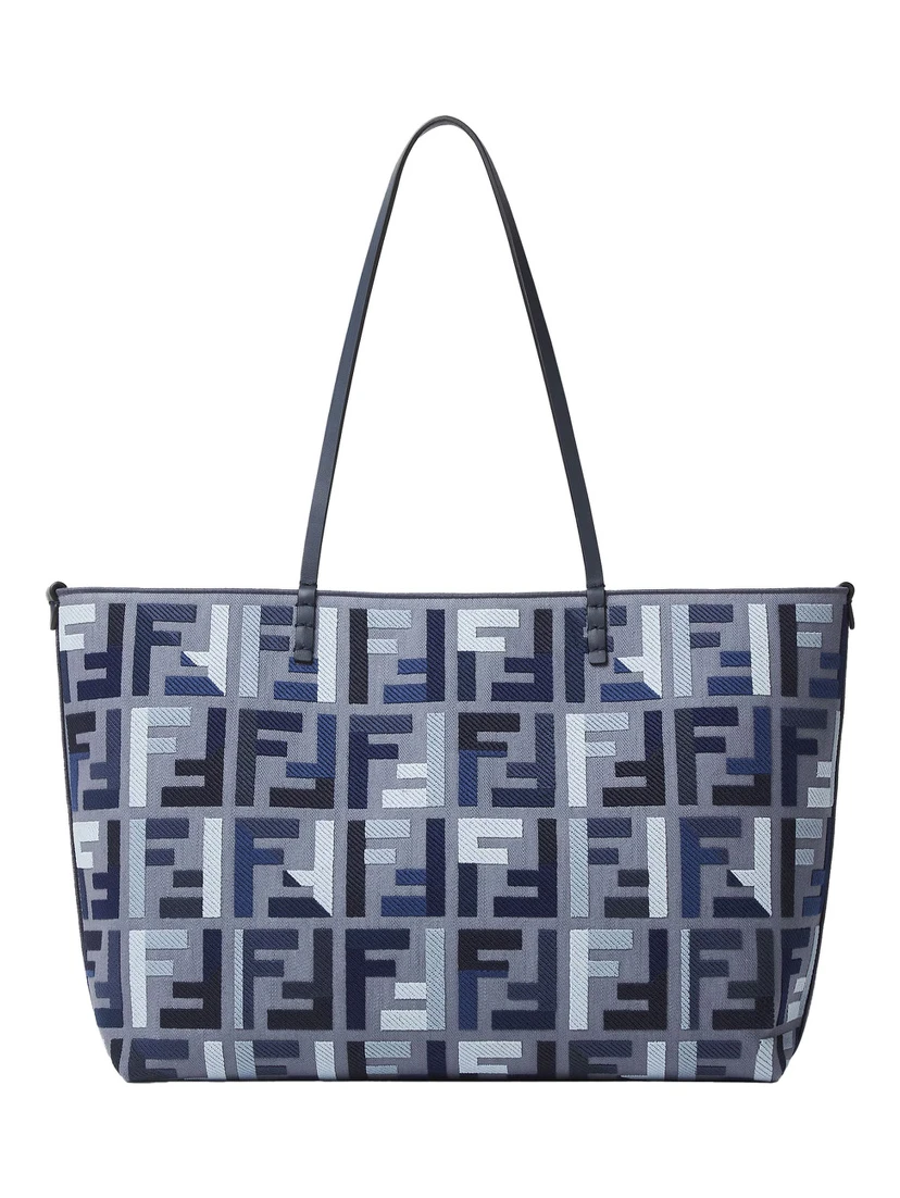 Roll Large Blue Shopper with All-Over FF Motif and Double Top Handles in Cotton Blend Woman