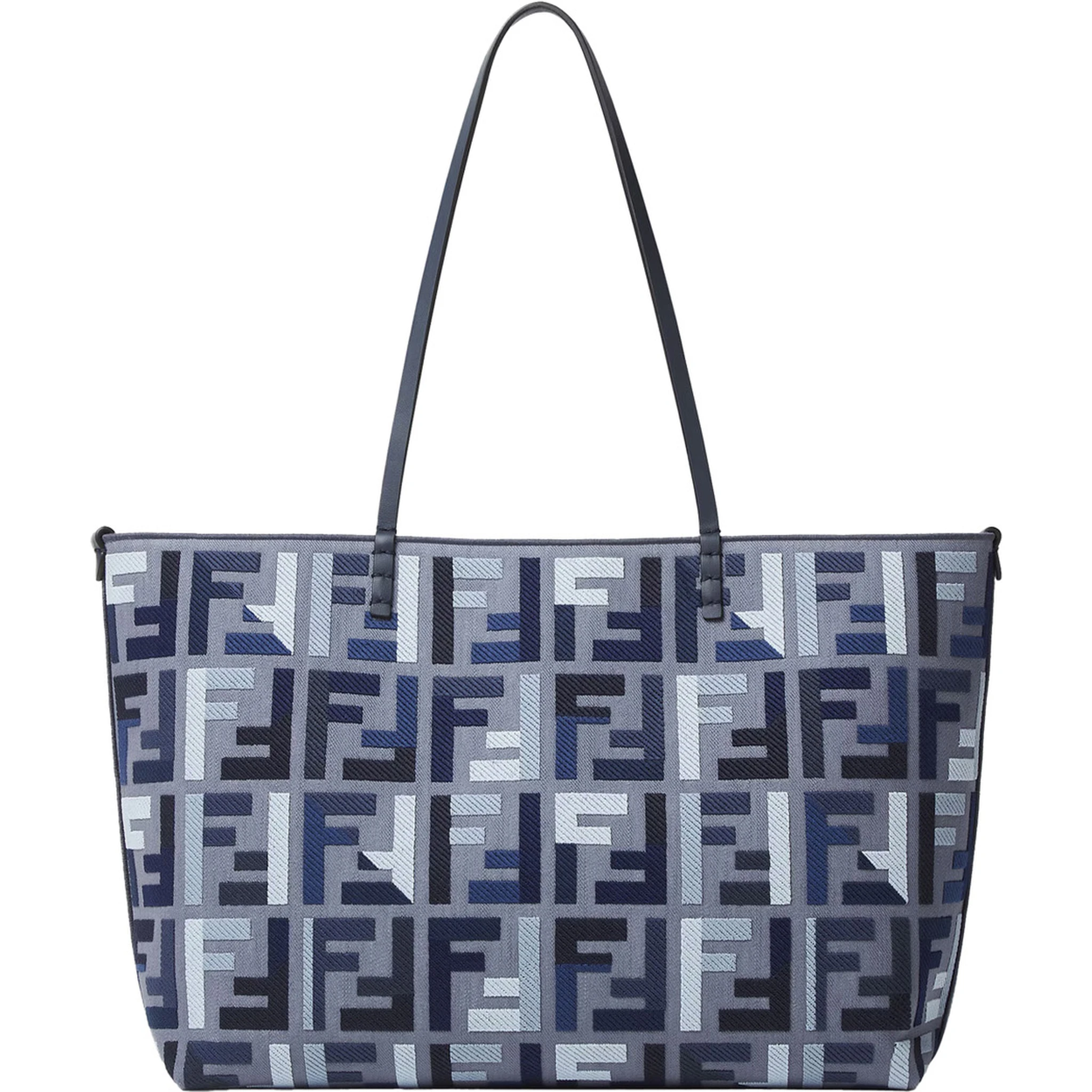 Roll Large Blue Shopper with All-Over FF Motif and Double Top Handles in Cotton Blend Woman