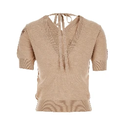 Pink T-Shirt with V Neck on Front and Rear and Floral Embroidery on the Front in Wool Woman