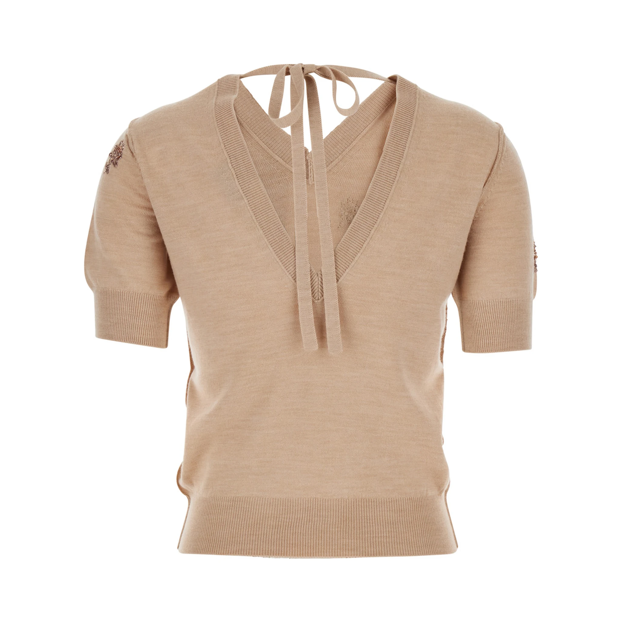 Pink T-Shirt with V Neck on Front and Rear and Floral Embroidery on the Front in Wool Woman