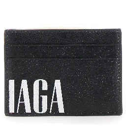 Editor Black Card Holder with Four Card Slots and Maxi Logo Lettering Print in Leather Man