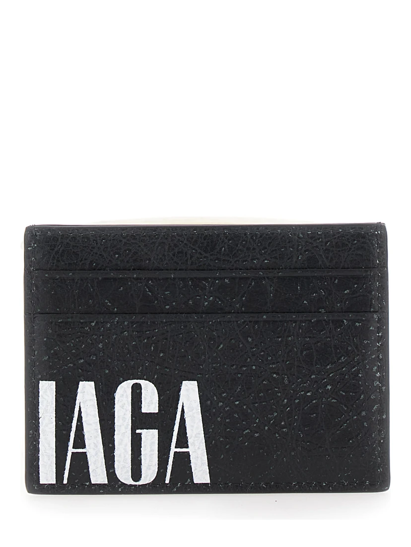 Editor Black Card Holder with Four Card Slots and Maxi Logo Lettering Print in Leather Man