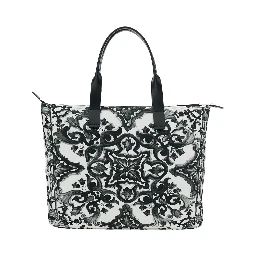 Black Tote Bag with Top Zip Closure and All-Over Print in Tech Fabric Man
