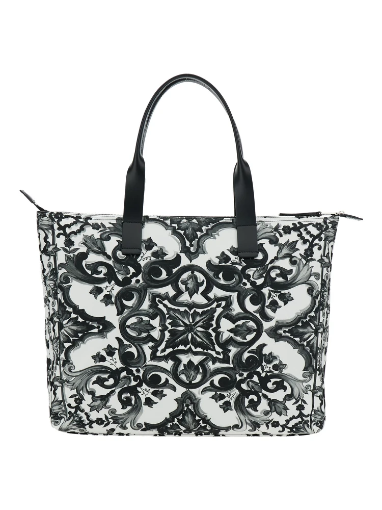 Black Tote Bag with Top Zip Closure and All-Over Print in Tech Fabric Man alternative