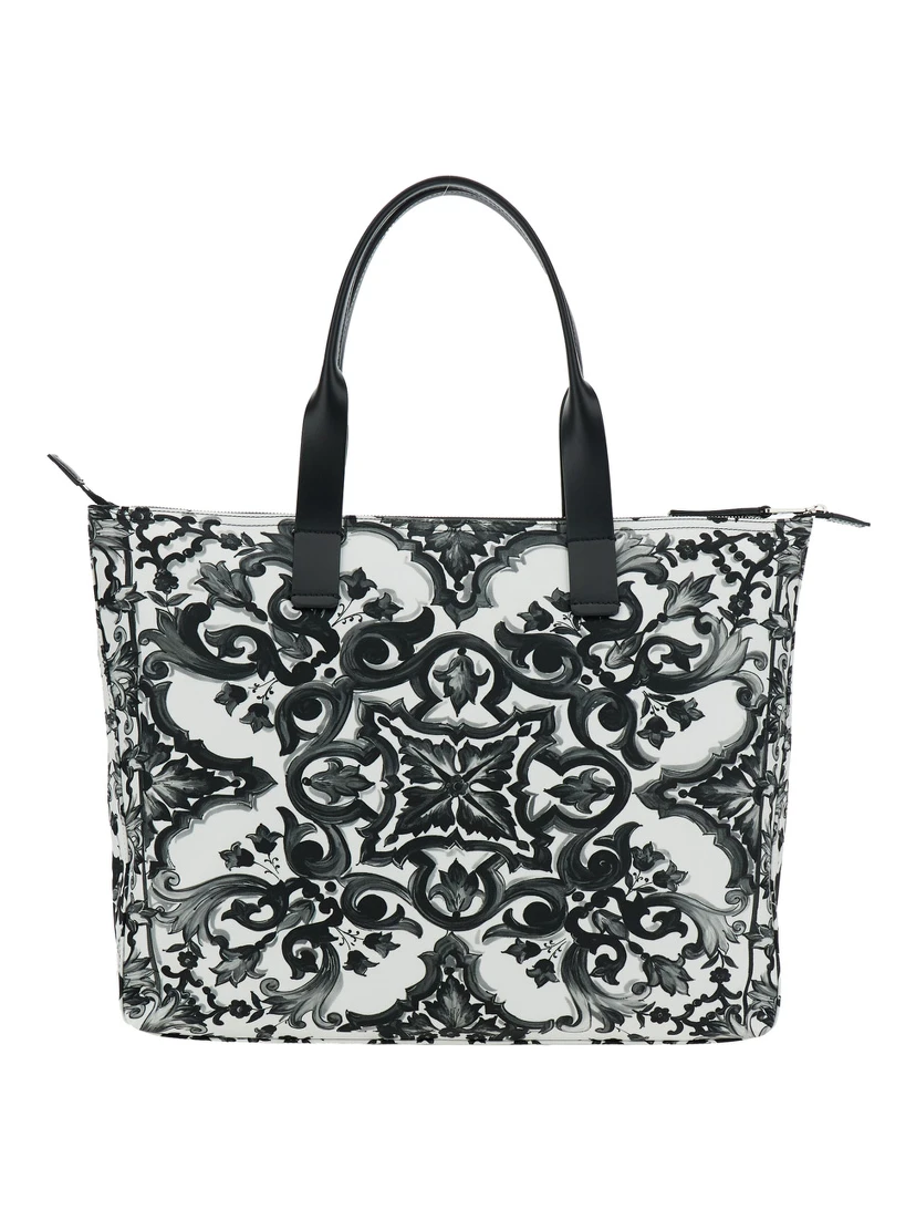 Black Tote Bag with Top Zip Closure and All-Over Print in Tech Fabric Man