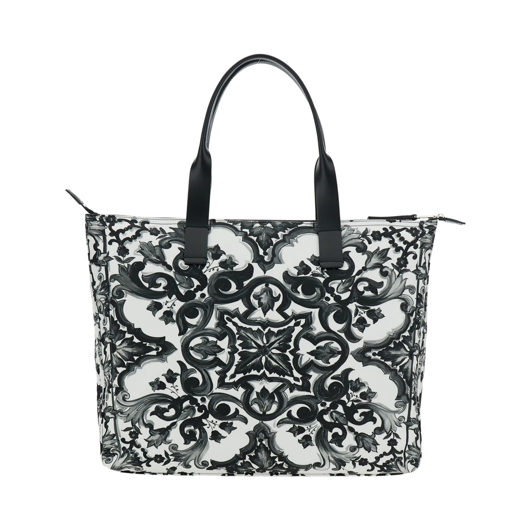 Black Tote Bag with Top Zip Closure and All-Over Print in Tech Fabric Man