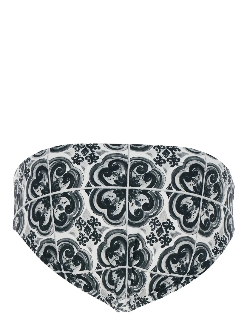 Black and White Swimsuit with All-Over Majolica Print in Techl Fabric Man