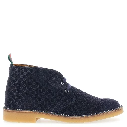 Blue Ankle Boots with Web Detail on the Heel and Low Heel in GG Suede Man