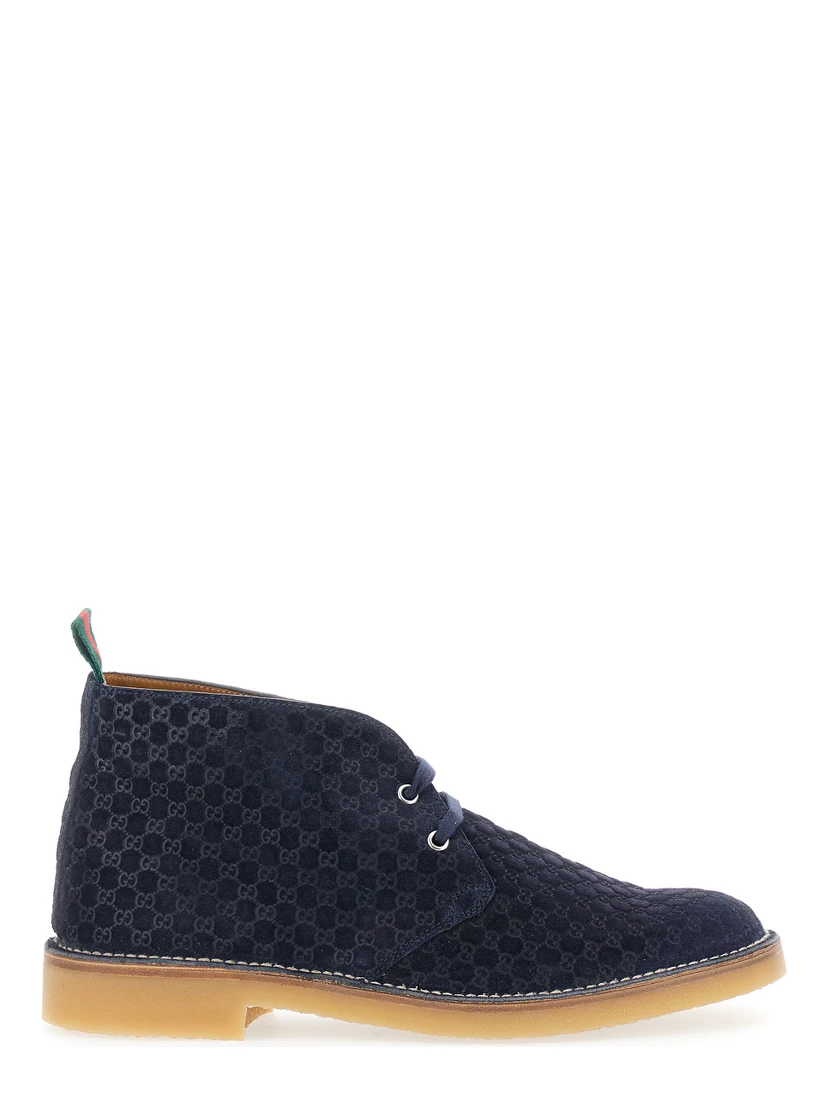 Blue Ankle Boots with Web Detail on the Heel and Low Heel in GG Suede Man