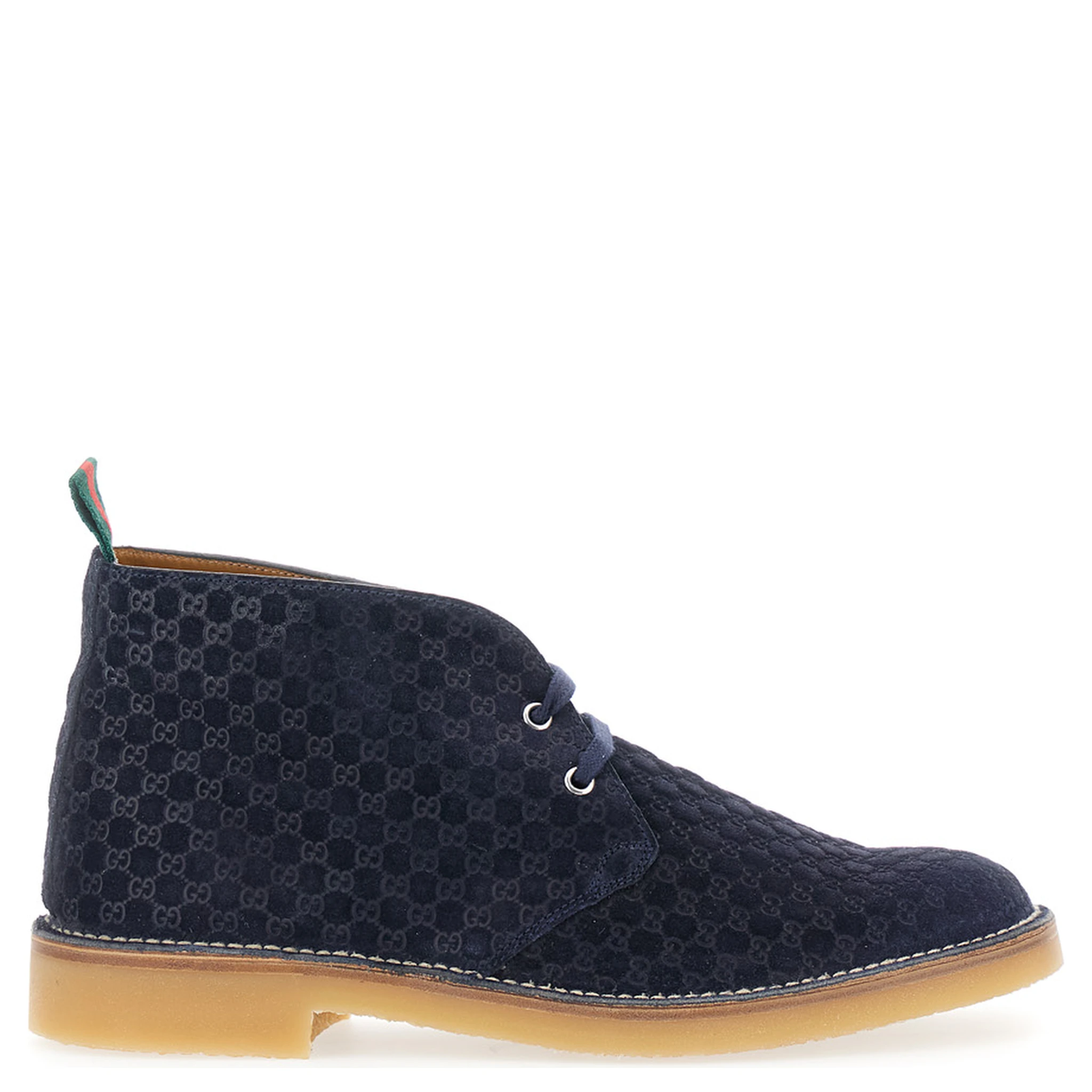 Blue Ankle Boots with Web Detail on the Heel and Low Heel in GG Suede Man