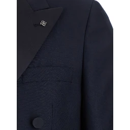 Blue Double-Breasted Tuxedo Suit with Covered Buttons in Virgin Wool Man
