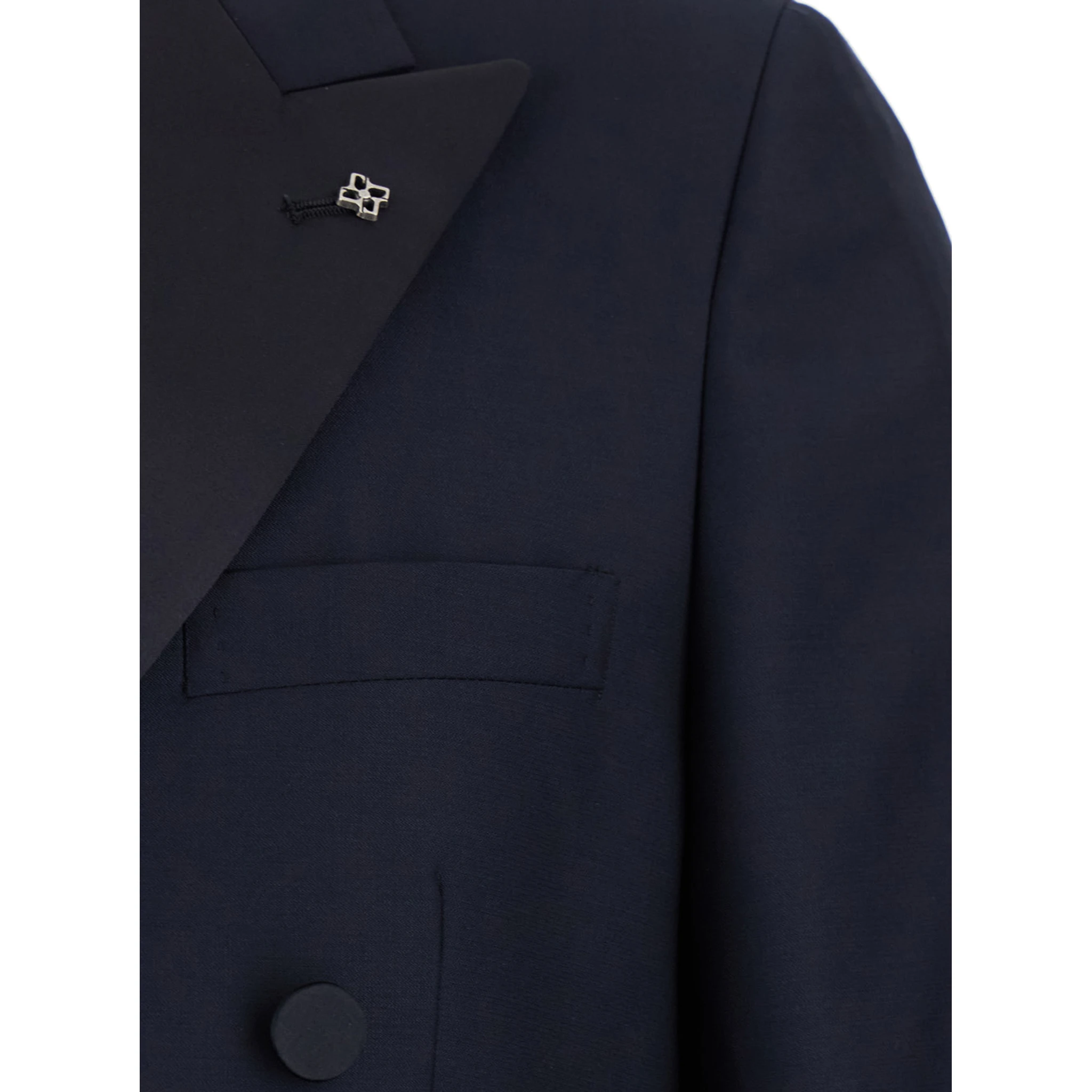 Blue Double-Breasted Tuxedo Suit with Covered Buttons in Virgin Wool Man