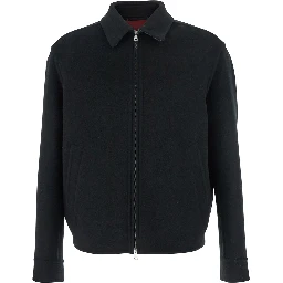Black Jacket with Classic Collar and Front Zip Closure in Wool Man