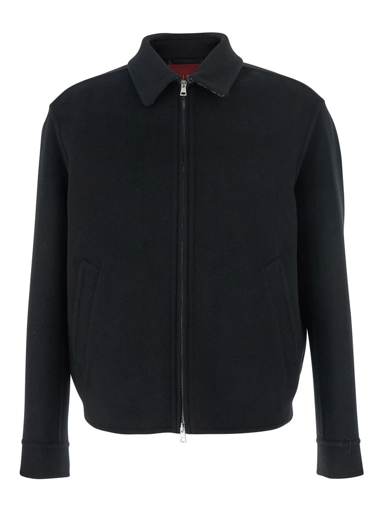 Black Jacket with Classic Collar and Front Zip Closure in Wool Man