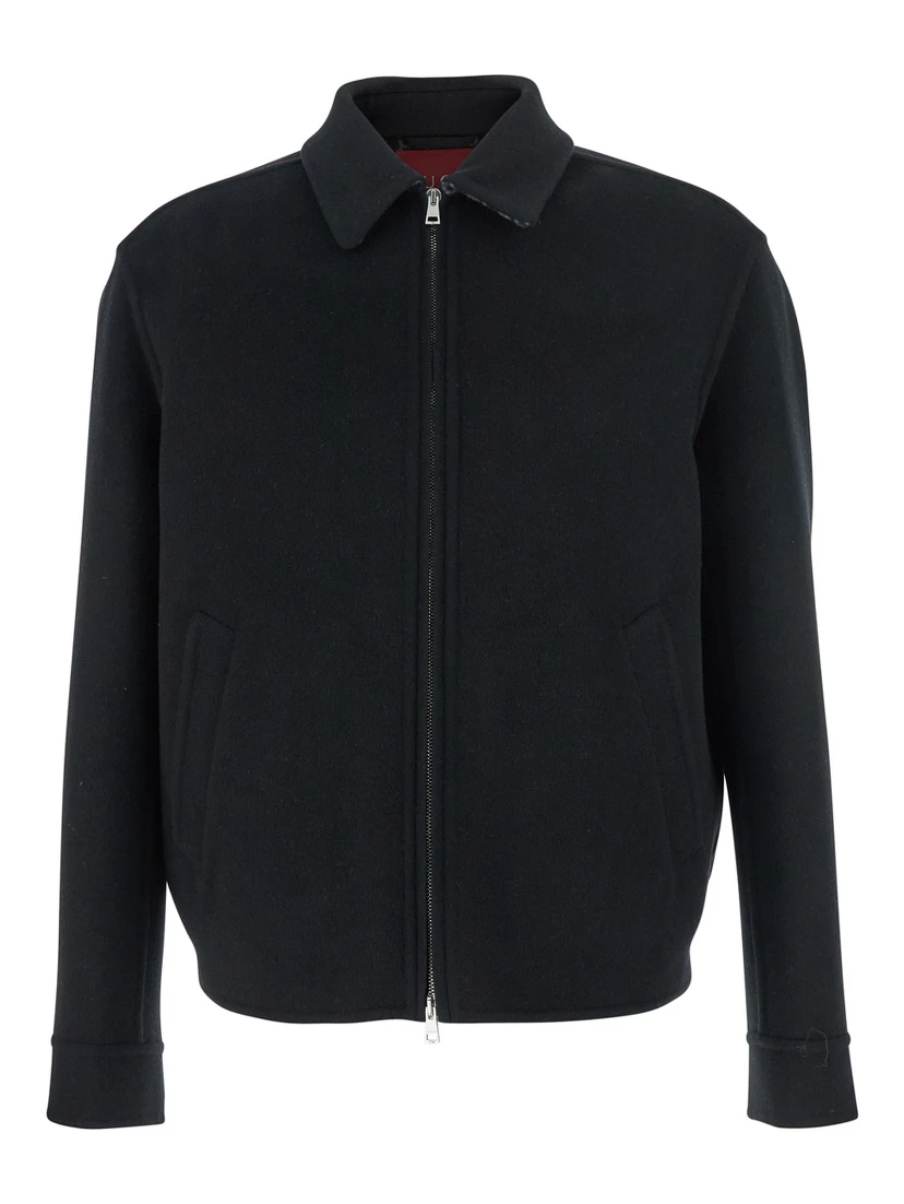 Black Jacket with Classic Collar and Front Zip Closure in Wool Man