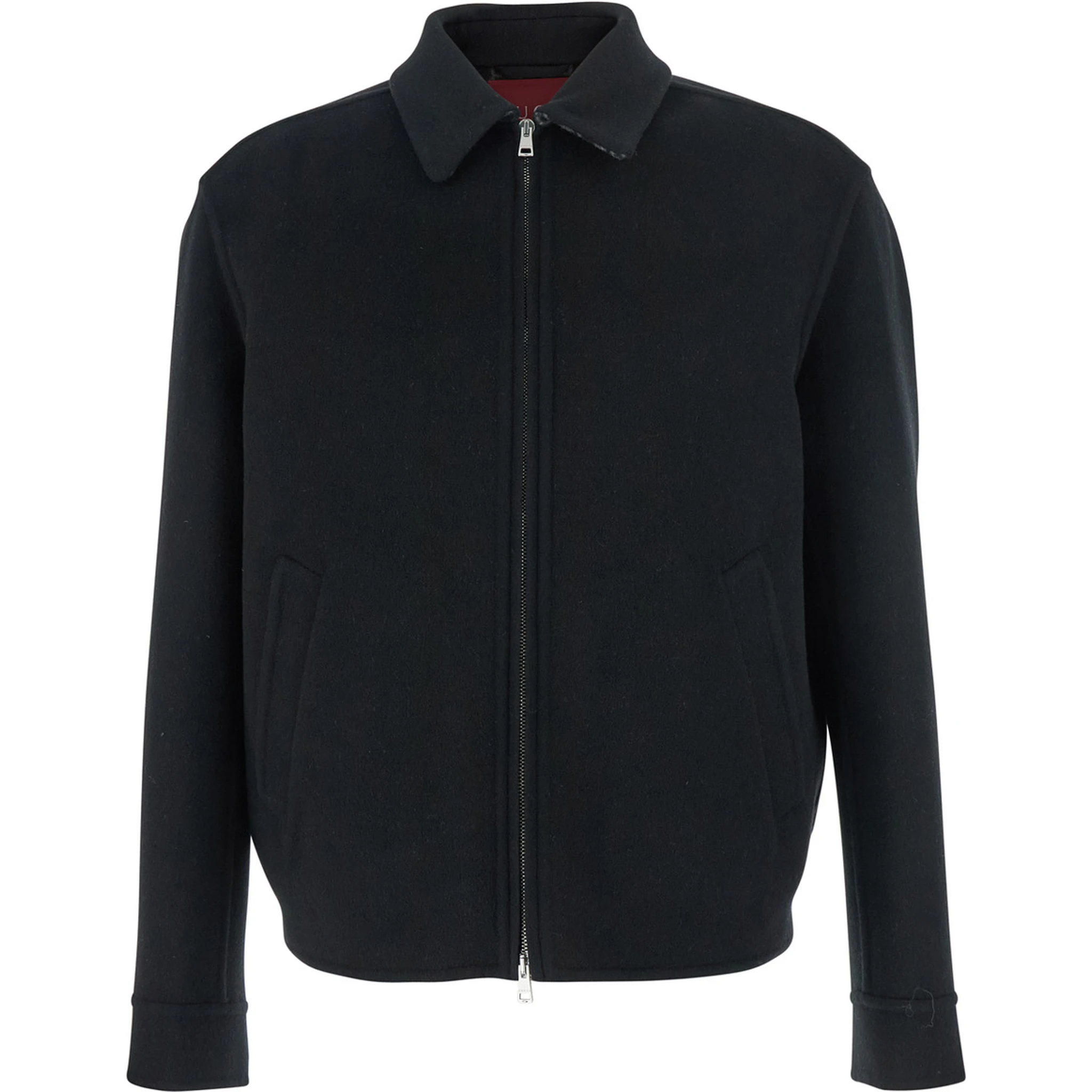 Black Jacket with Classic Collar and Front Zip Closure in Wool Man