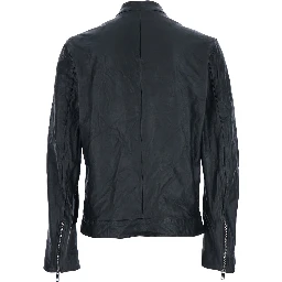 Black Crewneck Jacket with Two Front Welt Pockets with Zip in Leather Man
